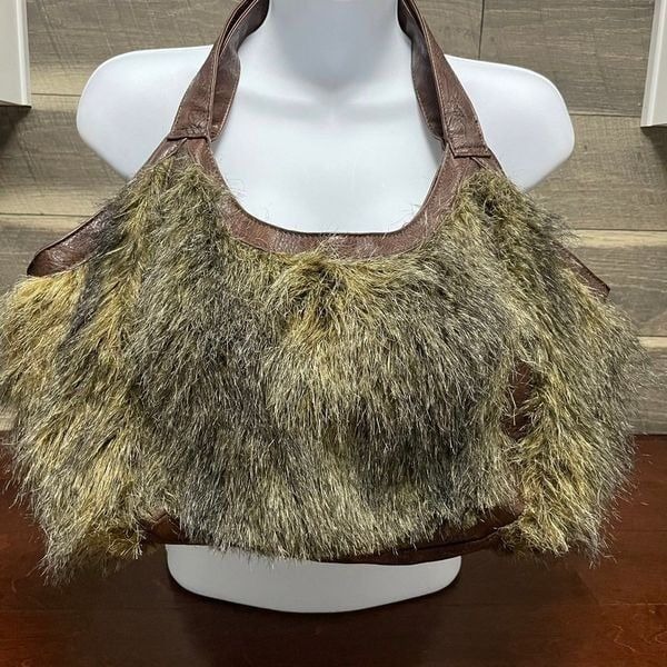 Bueno Cream Gray Brown Faux Fur Shaggy Hobo Purse Shoulder Bag