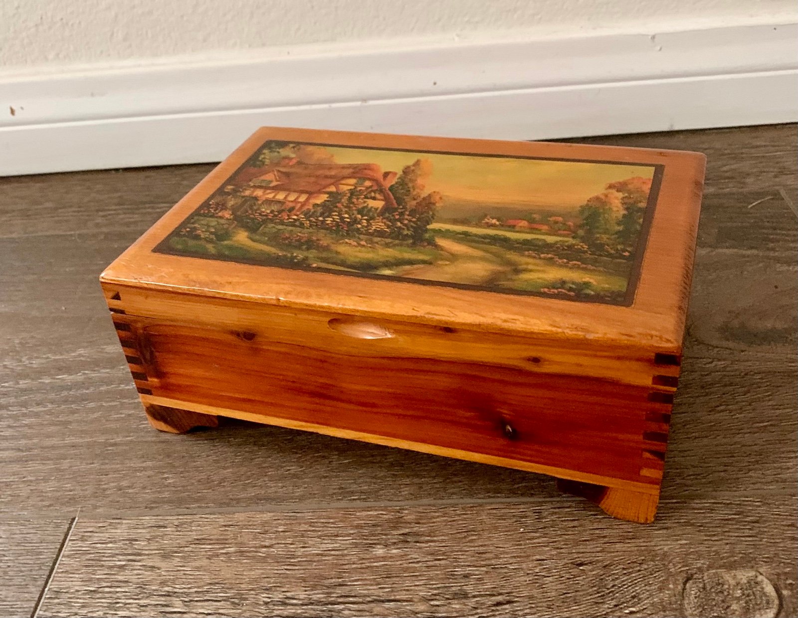Vintage cedar wood box with picture of English cottage