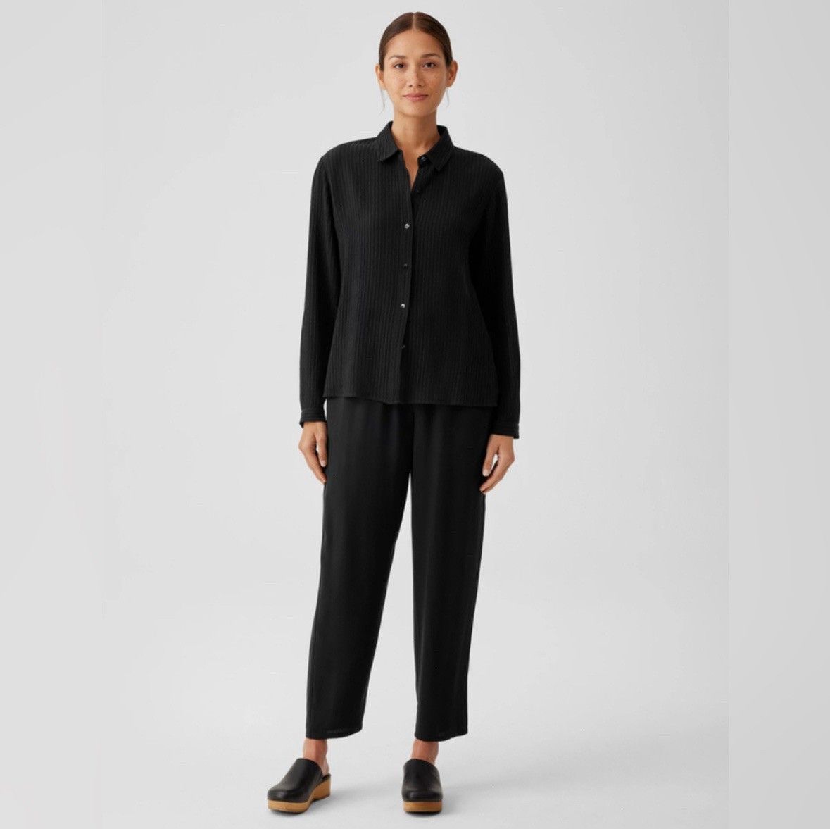 EILEEN FISHER Pants M Silk Georgette Crepe System Slouch Taper Pull On Black