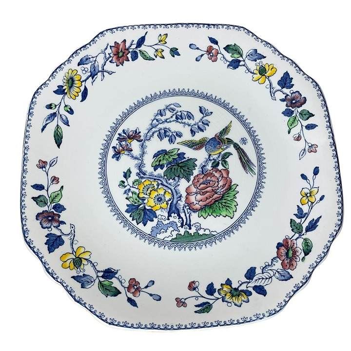 Vintage Wedgwood Tunstall Davenport Scalloped Cake Platter Floral Bird Octagon