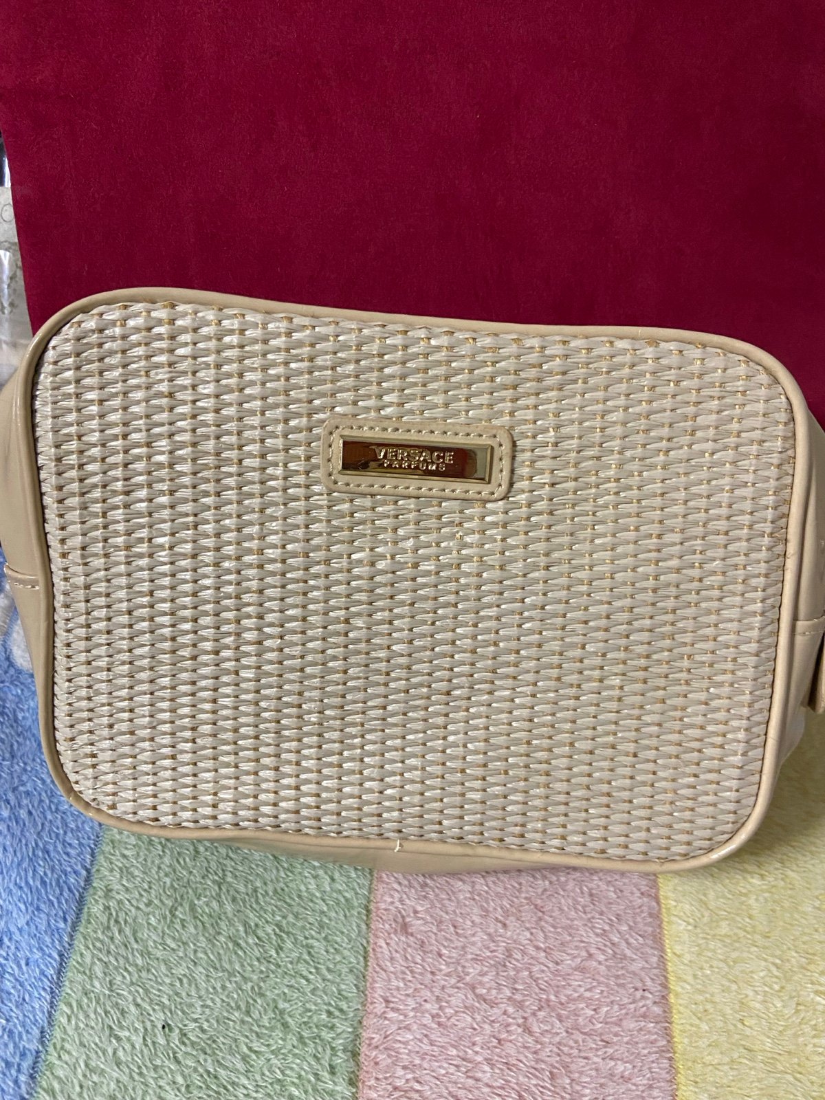 VERSACE PARFUMS Beige Woven Straw Patent Leather Cosmetic Bag