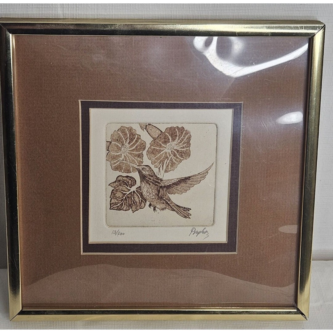 Hummingbird and Flower Embossed Print by Praphis 13/400- Signed and Framed