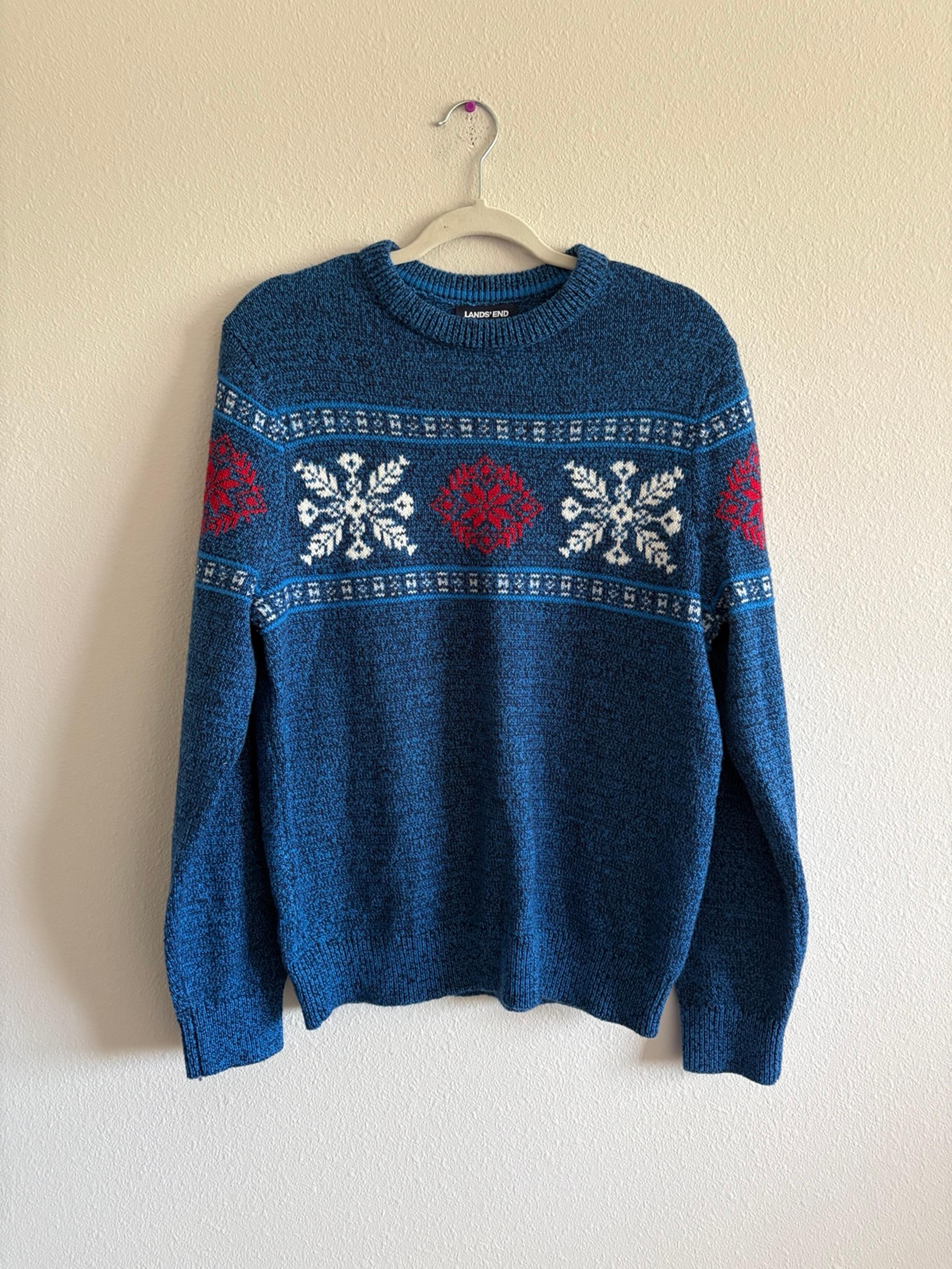 Lands’ End Wool-Blend Sweater Crewneck Fair Isle Snowflake Men’s Small Blue