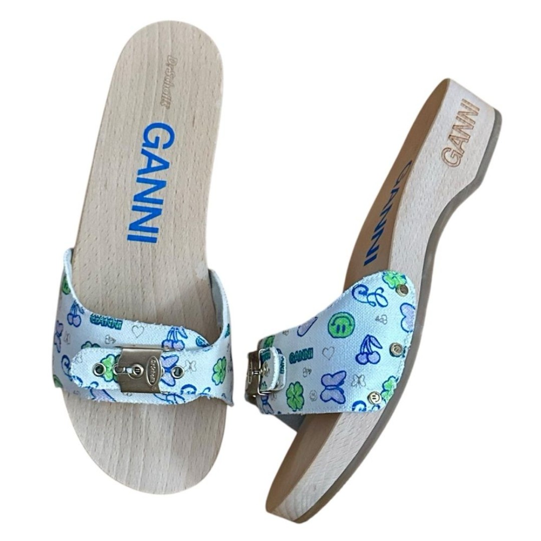 Ganni x Dr. Scholls Canvas Wooden Clog Slides Sandals - White, Multi, Size 9