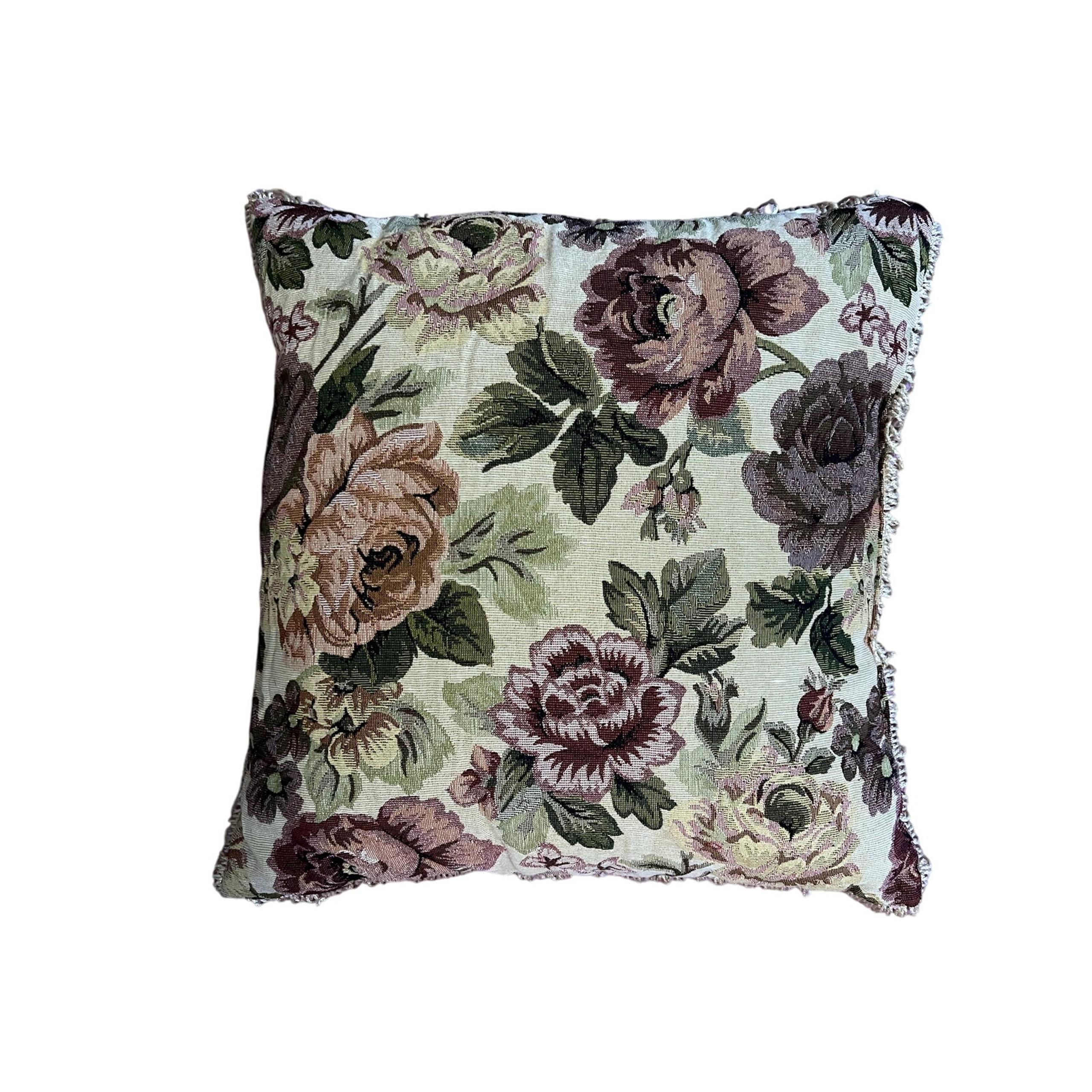 Vintage Floral Tapestry Pillow with Fringe Trim | Romantic Cottagecore Decor