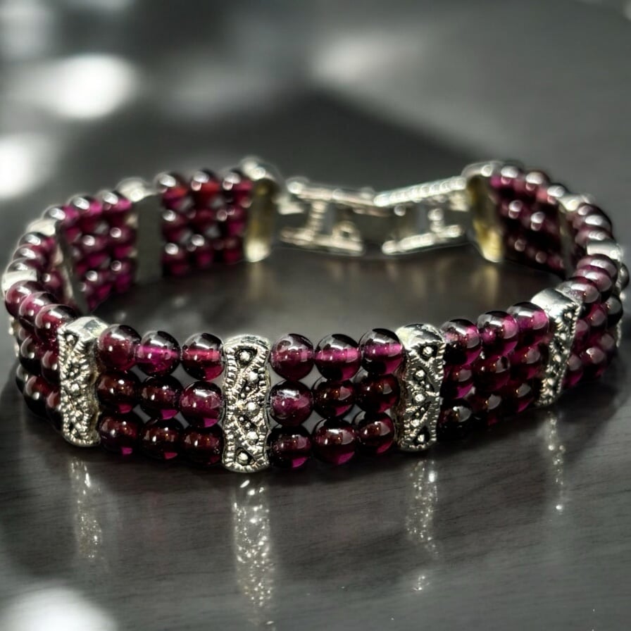 Garnet Beaded Bracelet with Silver-Tone Marcasite-Style Accents – Three Strand