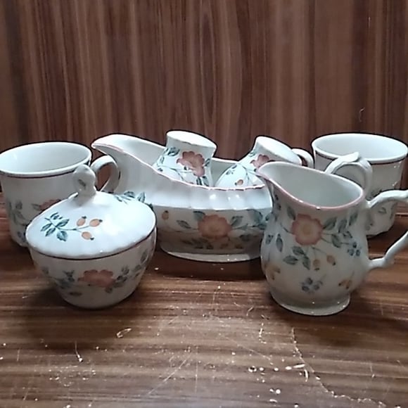 Churchill England Briar Rose creamer sugar salt pepper gravy boat cups
