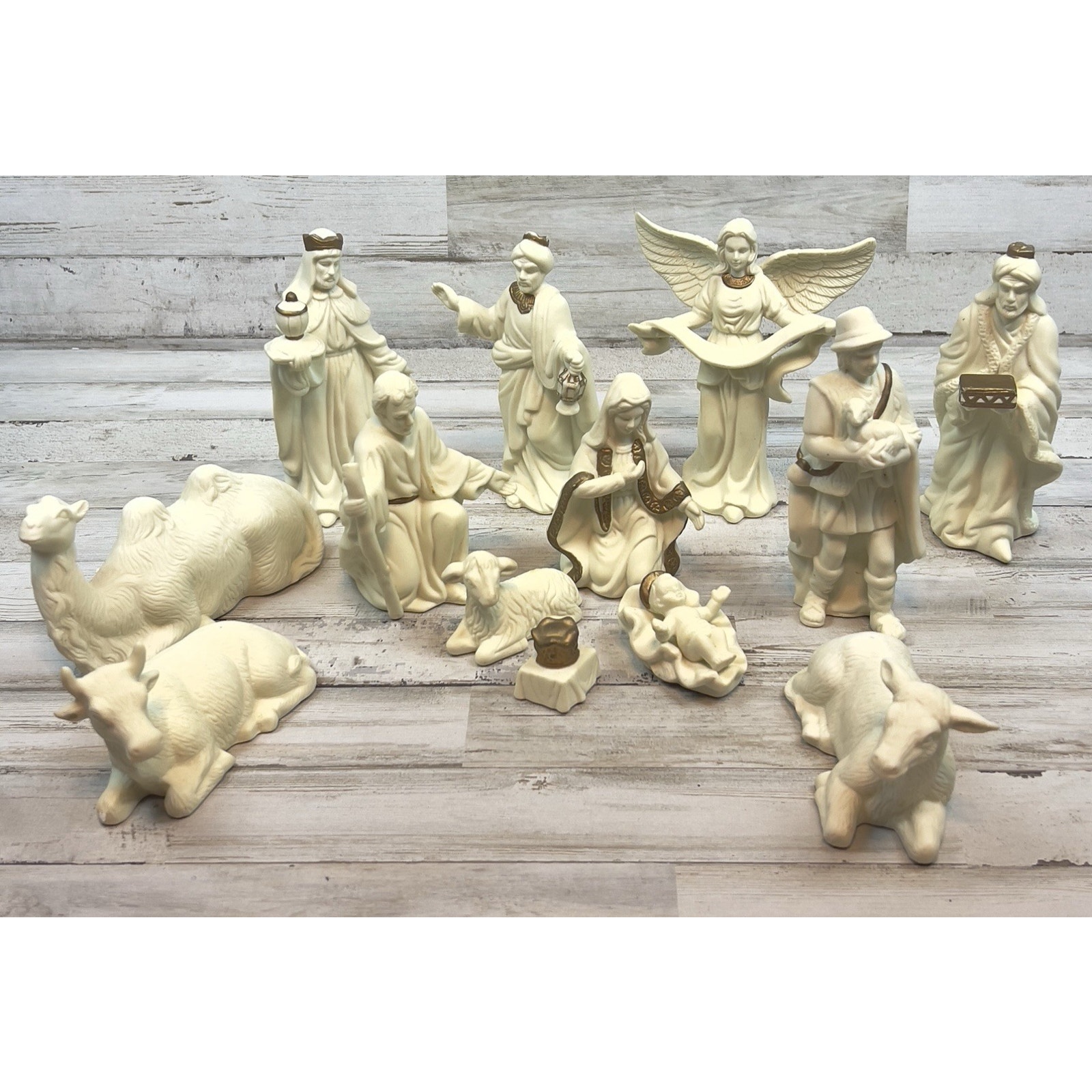 Home Accents 13 Pc Hand Painted White Gold Porcelain Nativity Set Vtg Christmas