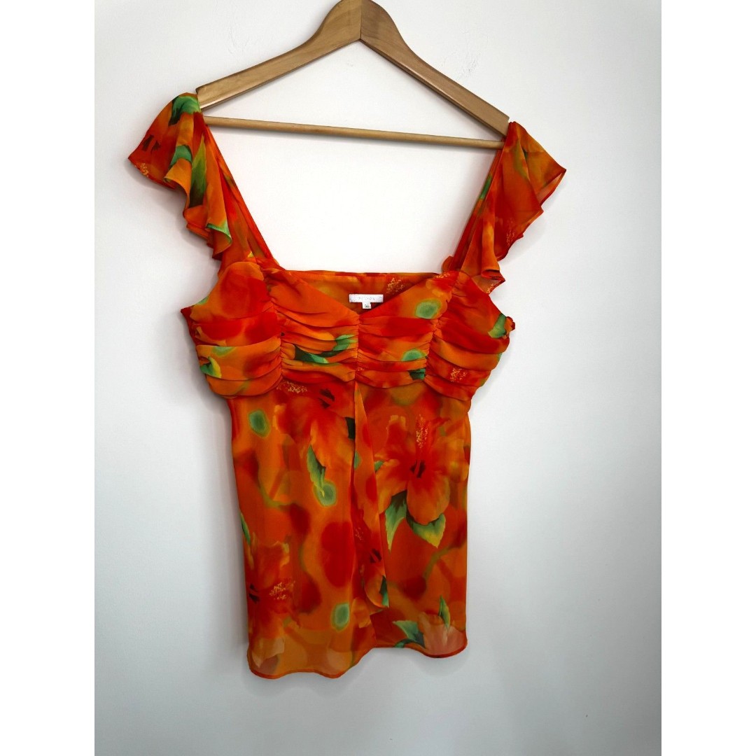 Escada Vintage Orange Flowy Floral Blouse Size 6