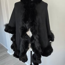 Linda Richards Luxury Fur Trimmed Cashmere Cape Cloak Evening Formal Black 1 Sz