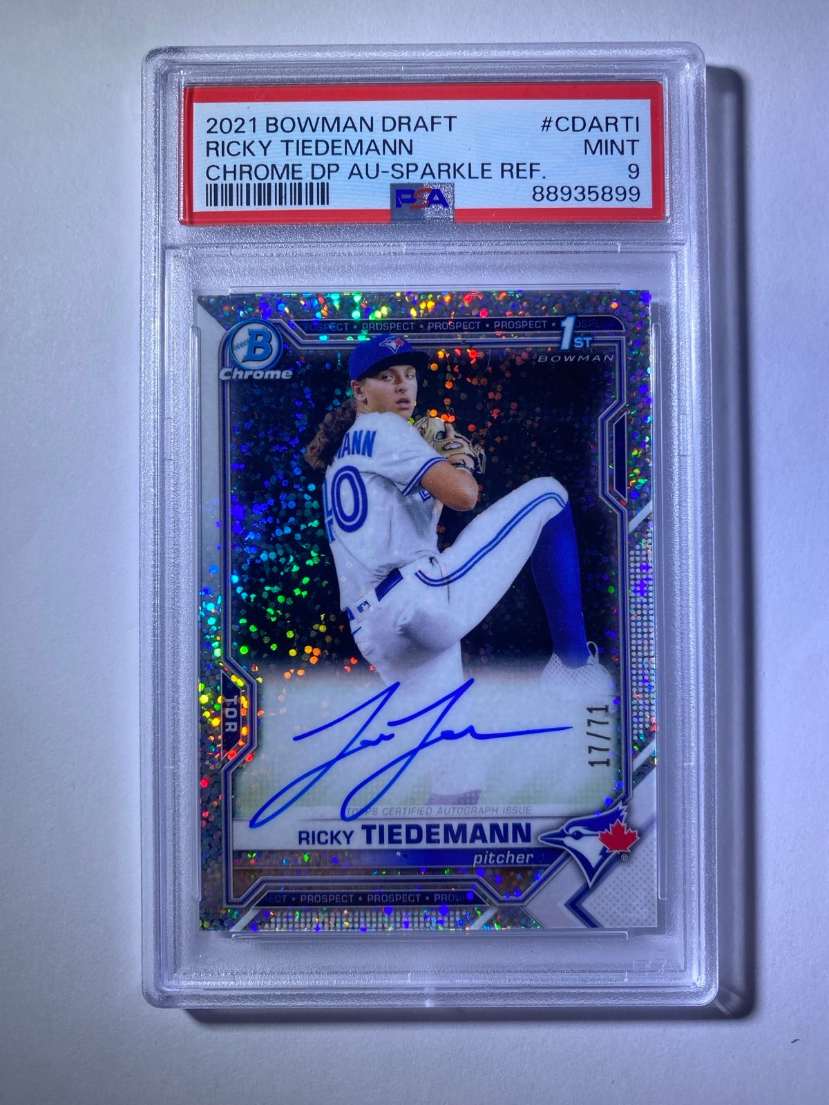 Ricky Tiedemann 2021 Bowman Draft Chrome Auto Sparkle Refractor /71 PSA 9 Mint S