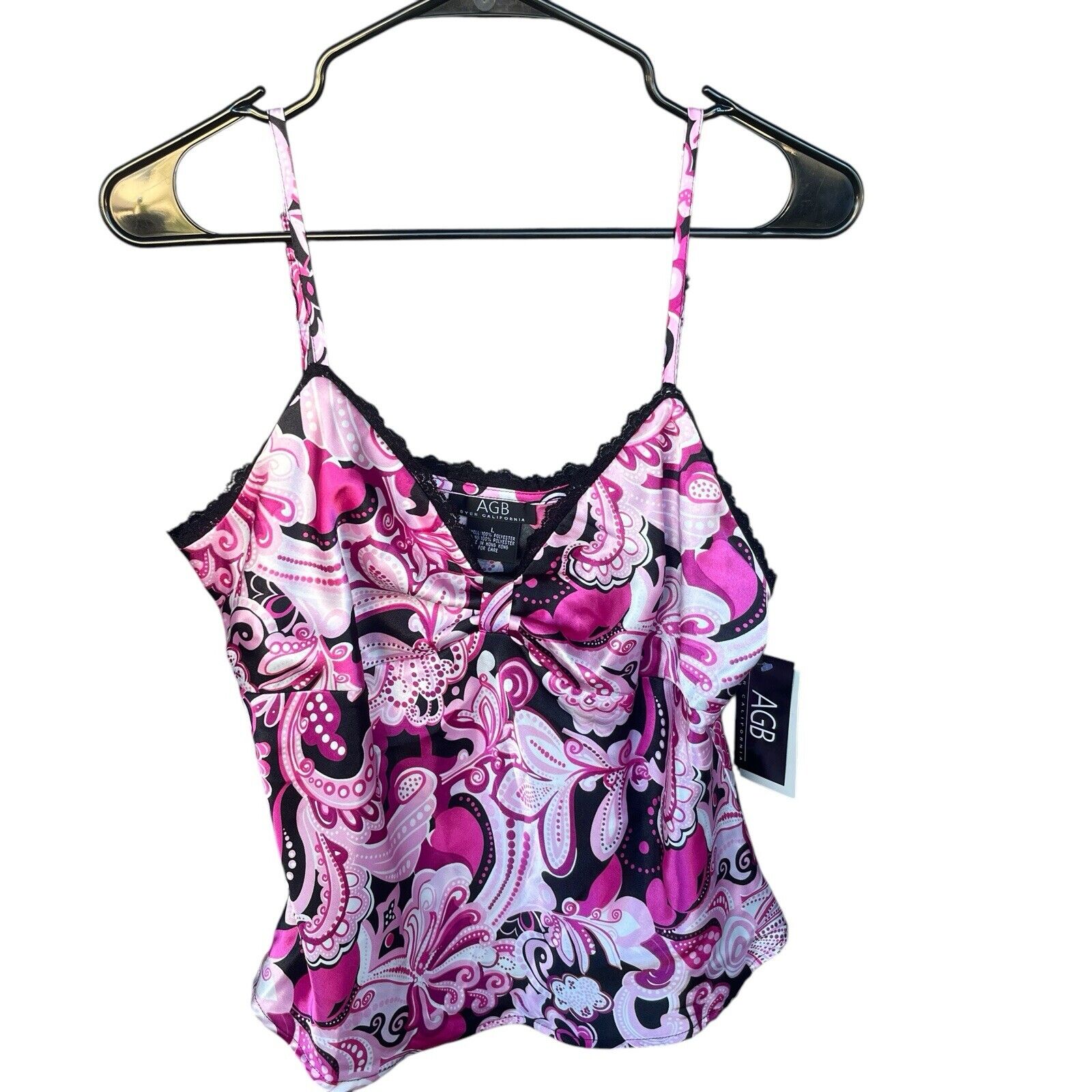 AGB Byer Satin Cami Tank Top Womens Large Paisley Y2K Lace Trim Adjustable Multi