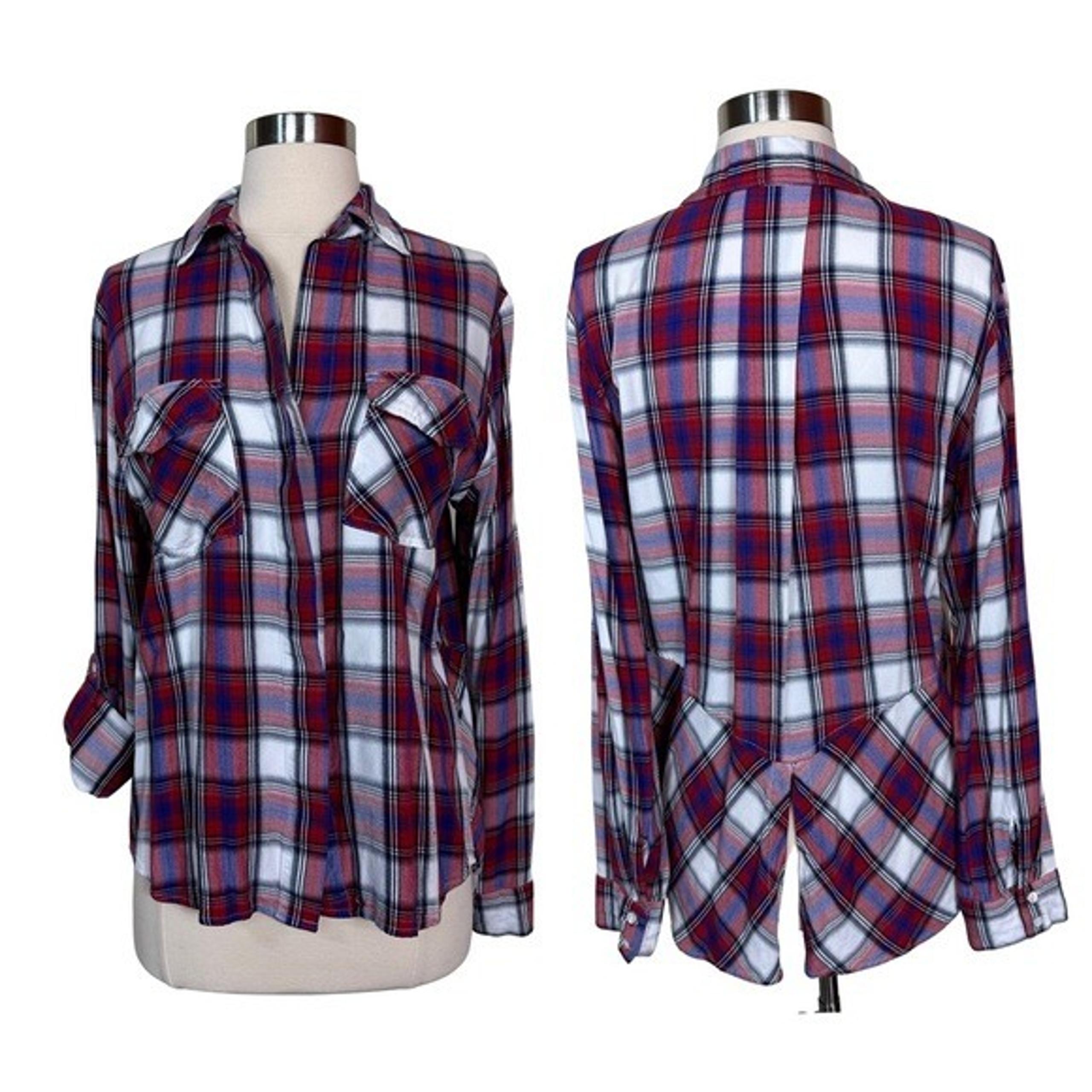 Sam Edelman Red White Blue Plaid Lightweight Roll Tab Sleeve Button Down Top S