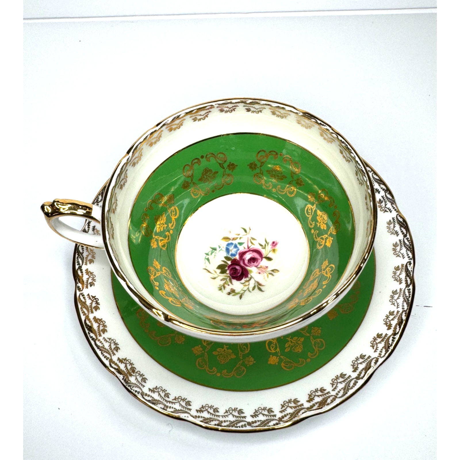 Vintage HM Sutherland Bone China Footed Tea Cup and Saucer Green and Gold