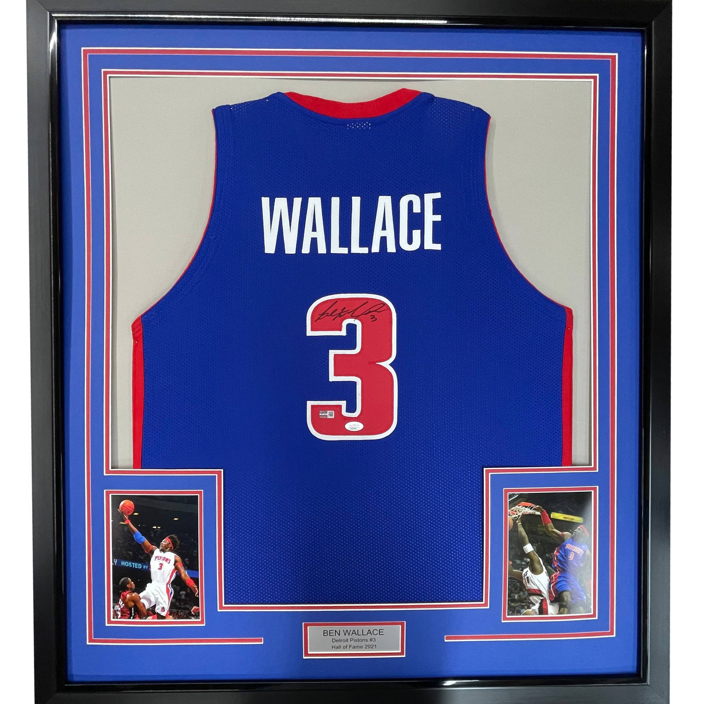 Framed Autographed/Signed Ben Wallace 35x39 Detroit Blue Jersey JSA COA