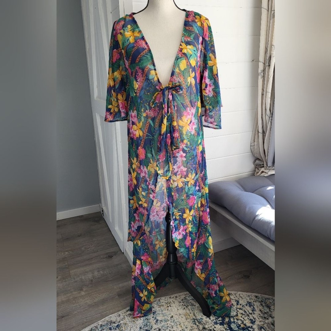 ASOS Dipped Hem Chiffon Tropical Chain Print Kimono Kaftan