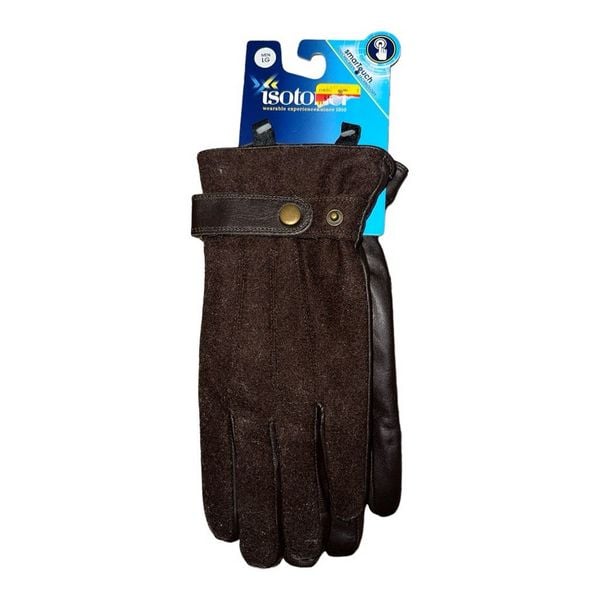 NWT Isotoner Mens Brown Smart Touch Genuine Leather Gloves, Large