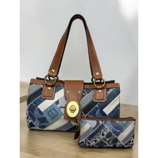 Y2K Coach 12216 Hamptons Denim Patchwork Satchel Bag & Matching Wristlet