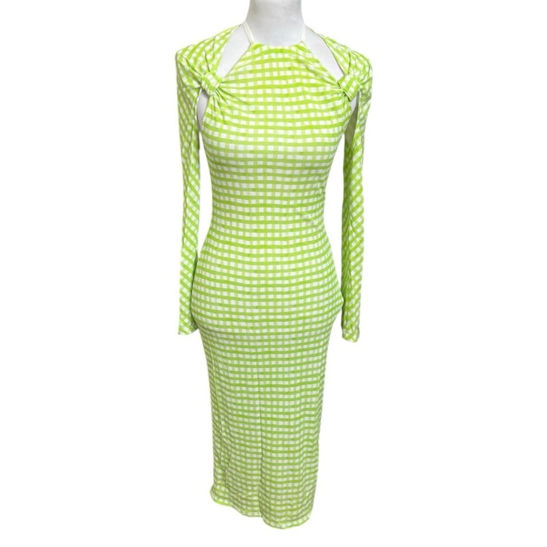 Jacquemus Nodi Gingham Cutout Midi Dress Size 2 Light Green Stretch