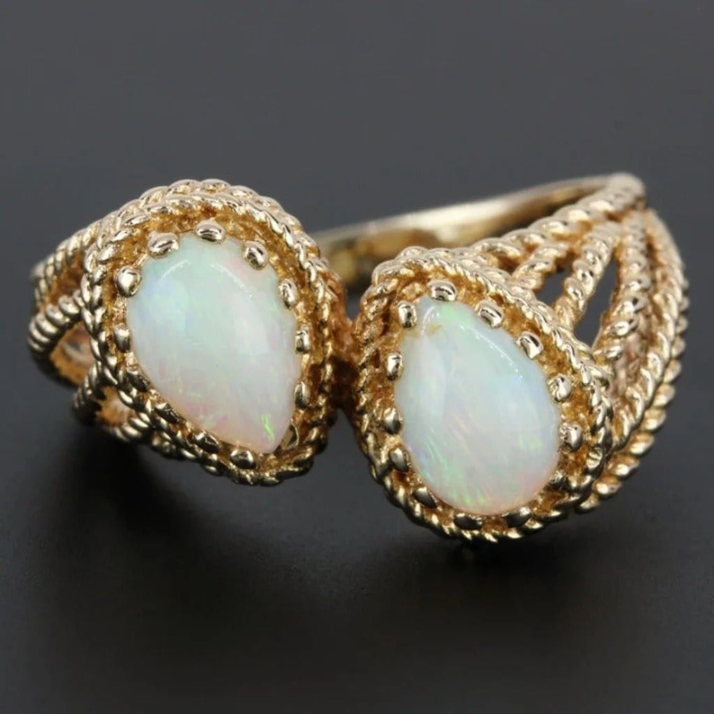 Vintage 14K Yellow Gold Pear Opal Anniversary Band Cocktail Ring