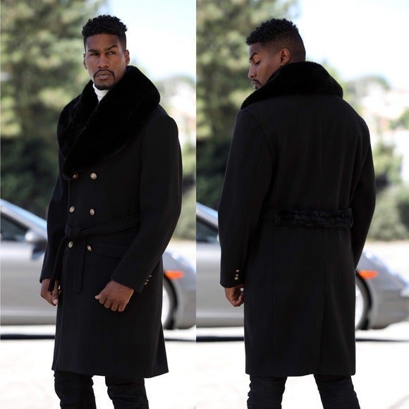 Men's Fashion Black Solid Faux Fur Overcoat Size M, L, XL, 2XL, 3XL, 4XL, 5XL