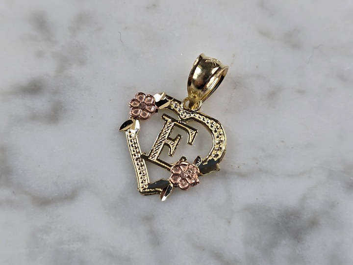 Womens 10K Yellow & Rose Gold Initial Letter E Heart Pendant 0.9g E3175
