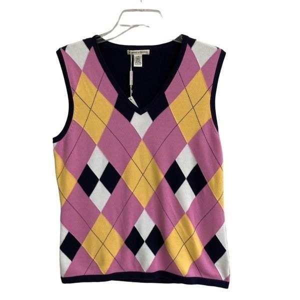 Fairway & Greene Pima cotton Argyle multi V neck vest women’s L preppy golf NEW