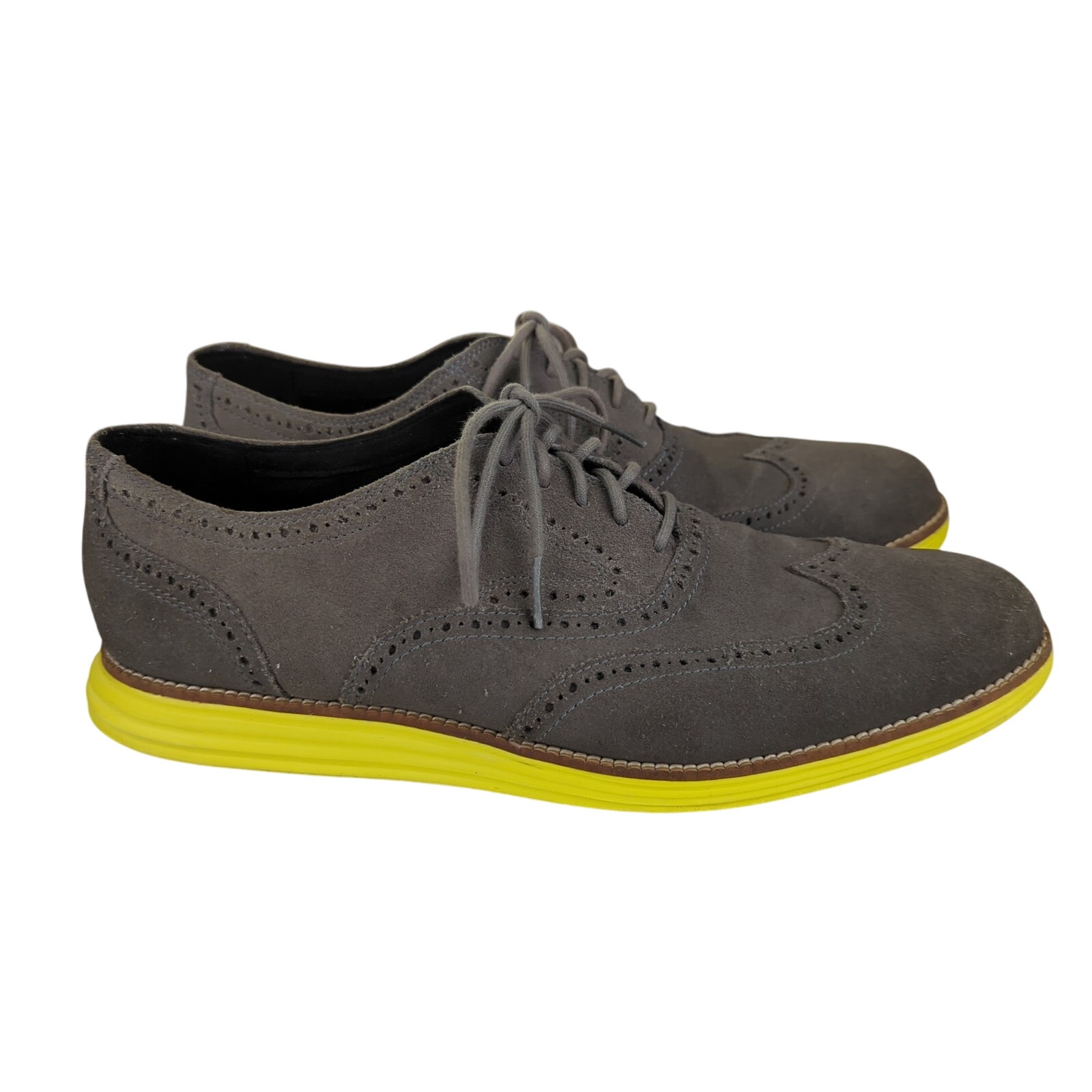 Cole Haan LunarGrand Wingtip Suede Oxford Gray Volt Brogue C21131 12 Yellow Sole
