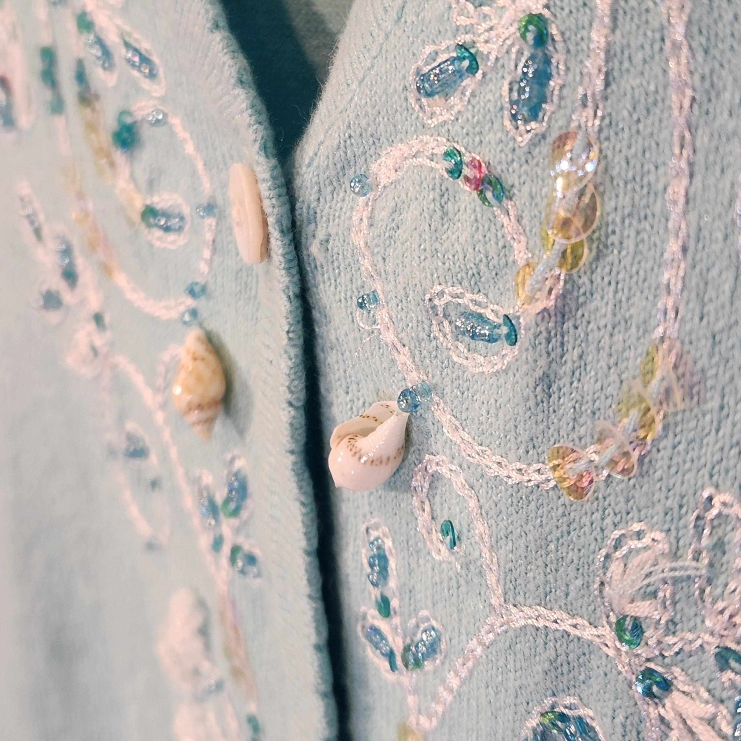XL Beaded Pastel Blue Summer Cardigan Shell Top Linen Cotton ARTSY bust 48 vtg
