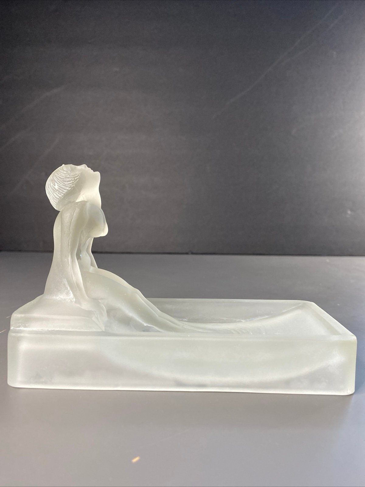 Art Deco Heinrich Hoffman Style Frosted Glass Nude Woman Soap Dish Trinket 1970s