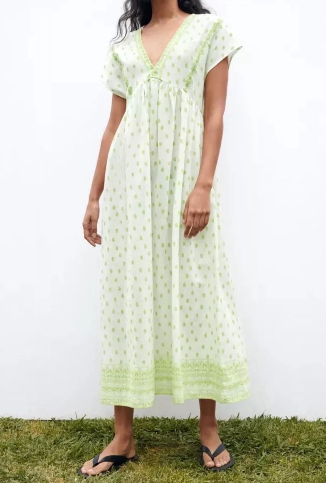 ZARA Embroidered Rustic Tunic Midi Dress Beach Cover Up White/Green Sz S NWT