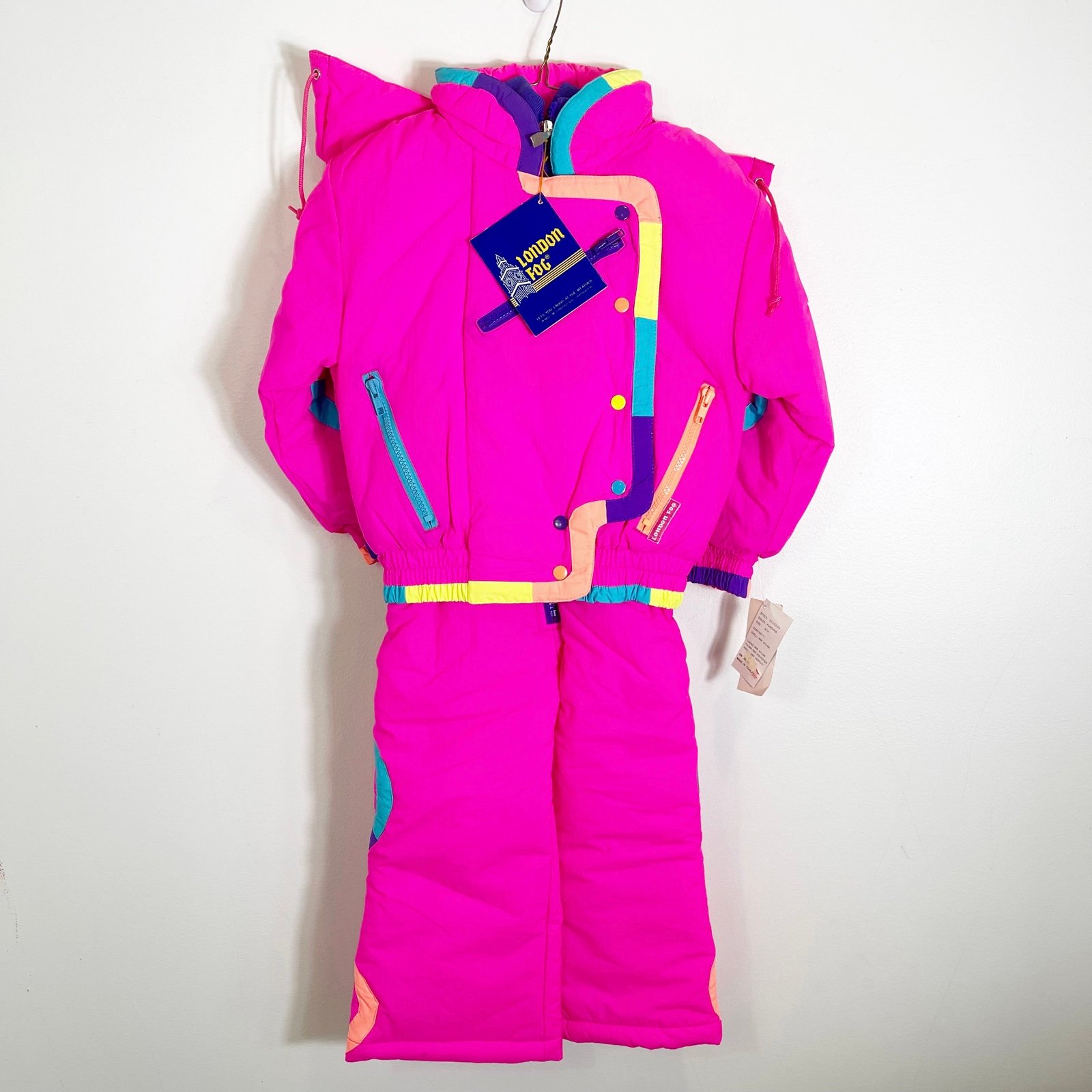 Vintage Neon 80s 90s Nylon Powder Snow Suit Jumper Coat London Fog Girls Size 4