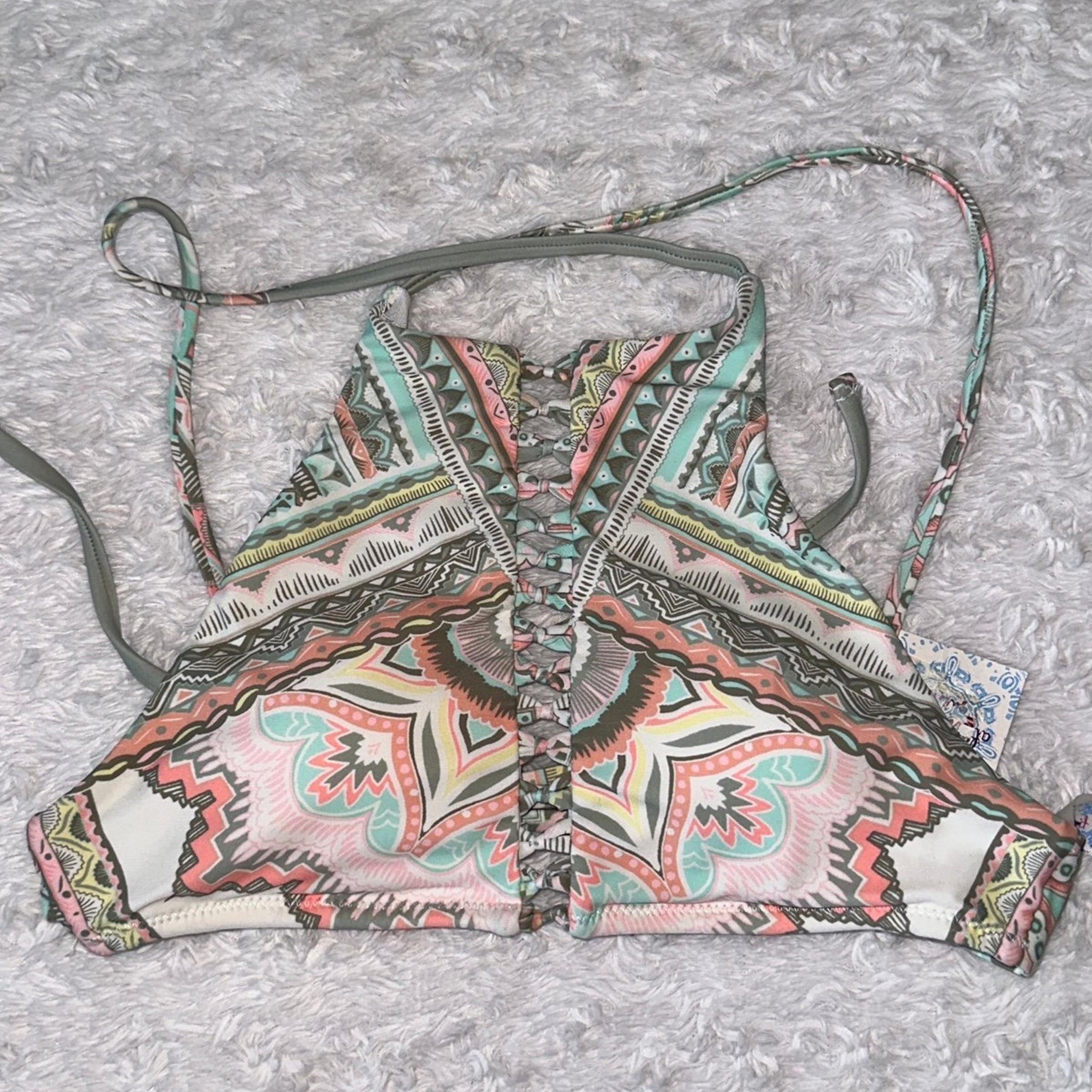 Altar’d State Abstract Print Padded Lace Up Halter Bikini Top