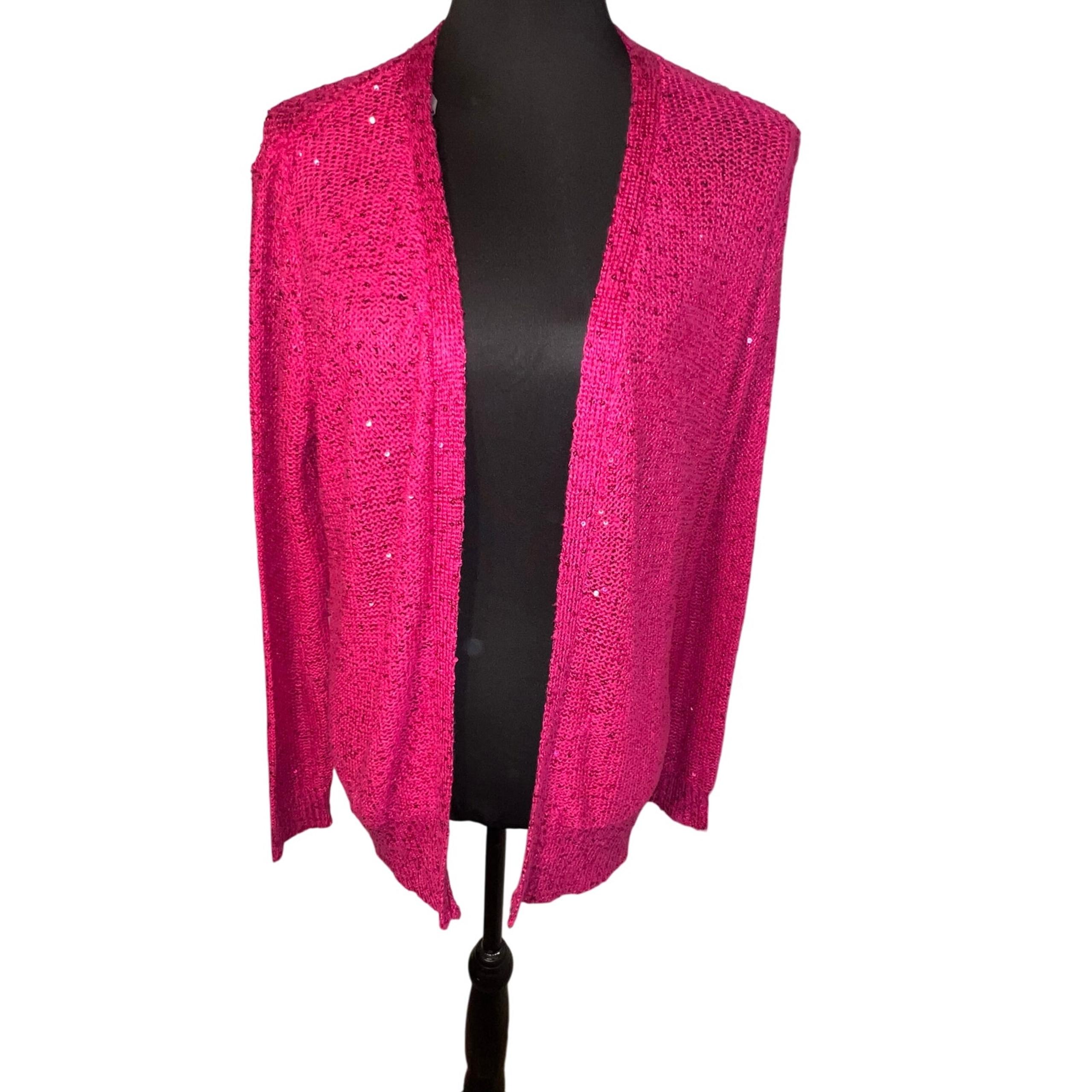 Metaphor Women’s Size XL Festive Fuchsia Sequin Open Knit Y2K Cardigan Sweater