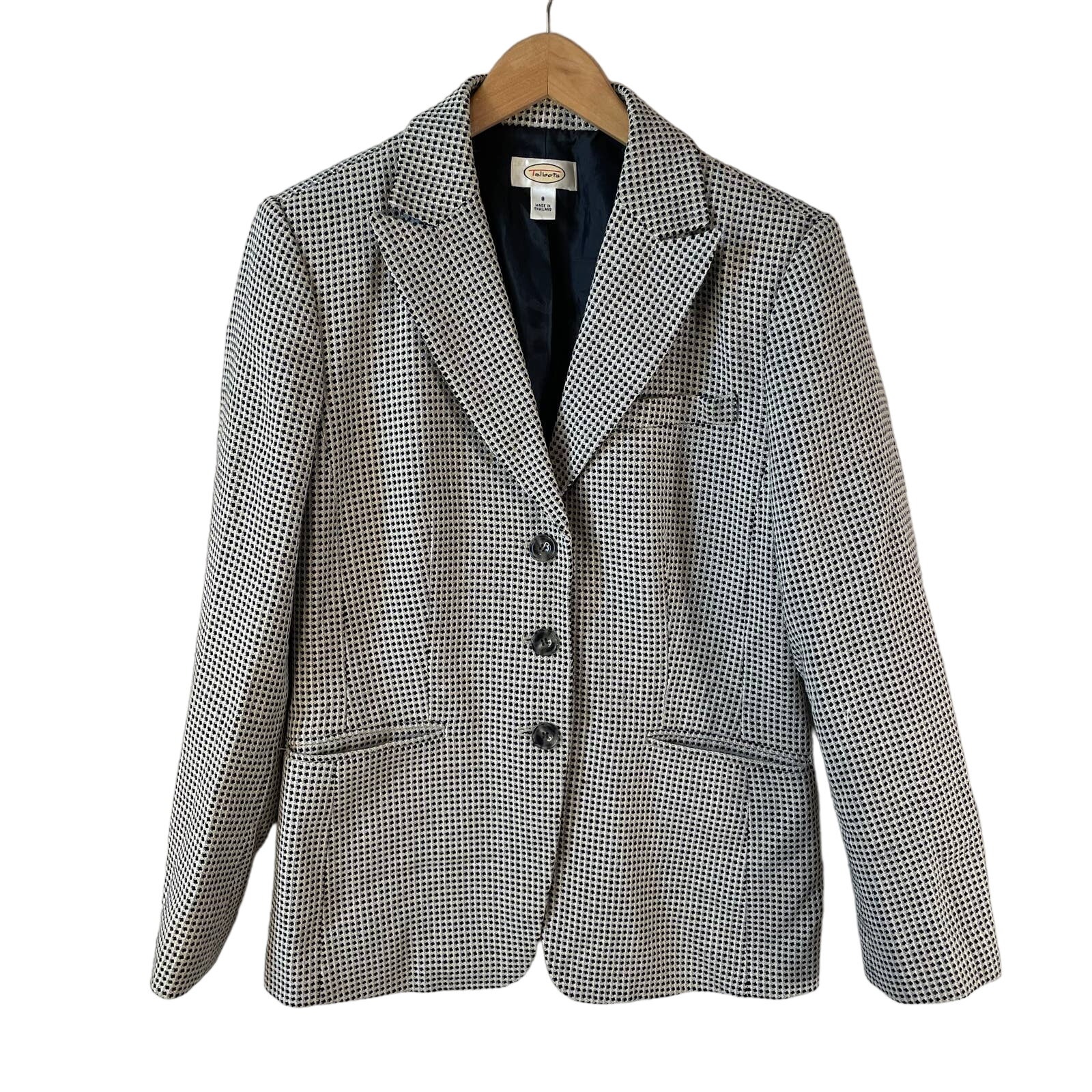 TALBOTS Women's Wool Blend 3 Button Blazer Black Cream Size 8