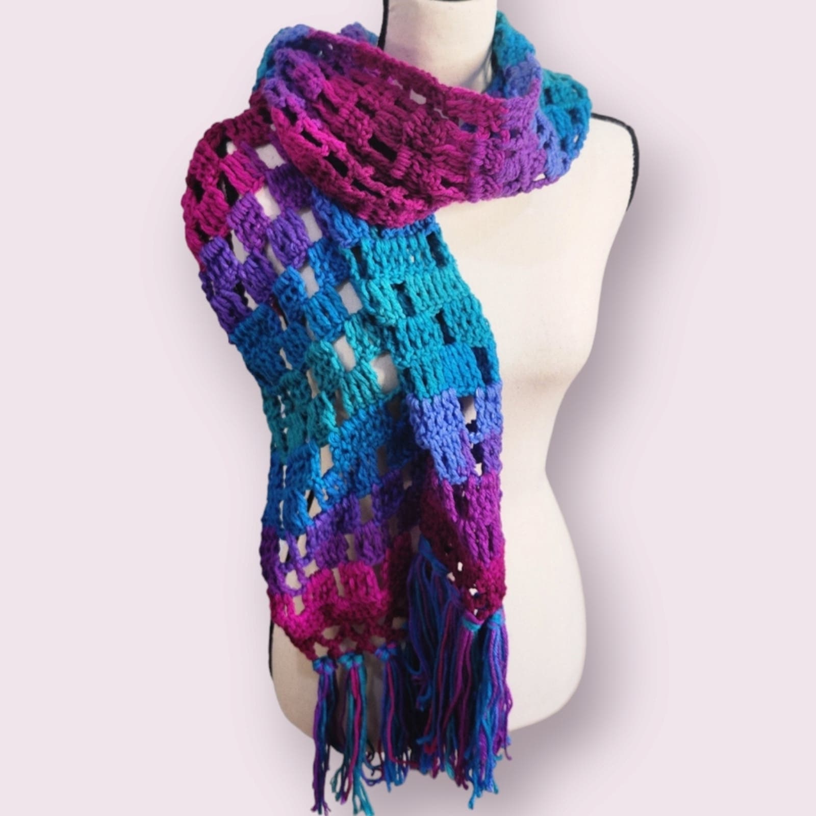 Hand Knitted Vibrant Rainbow Fringed Scarf