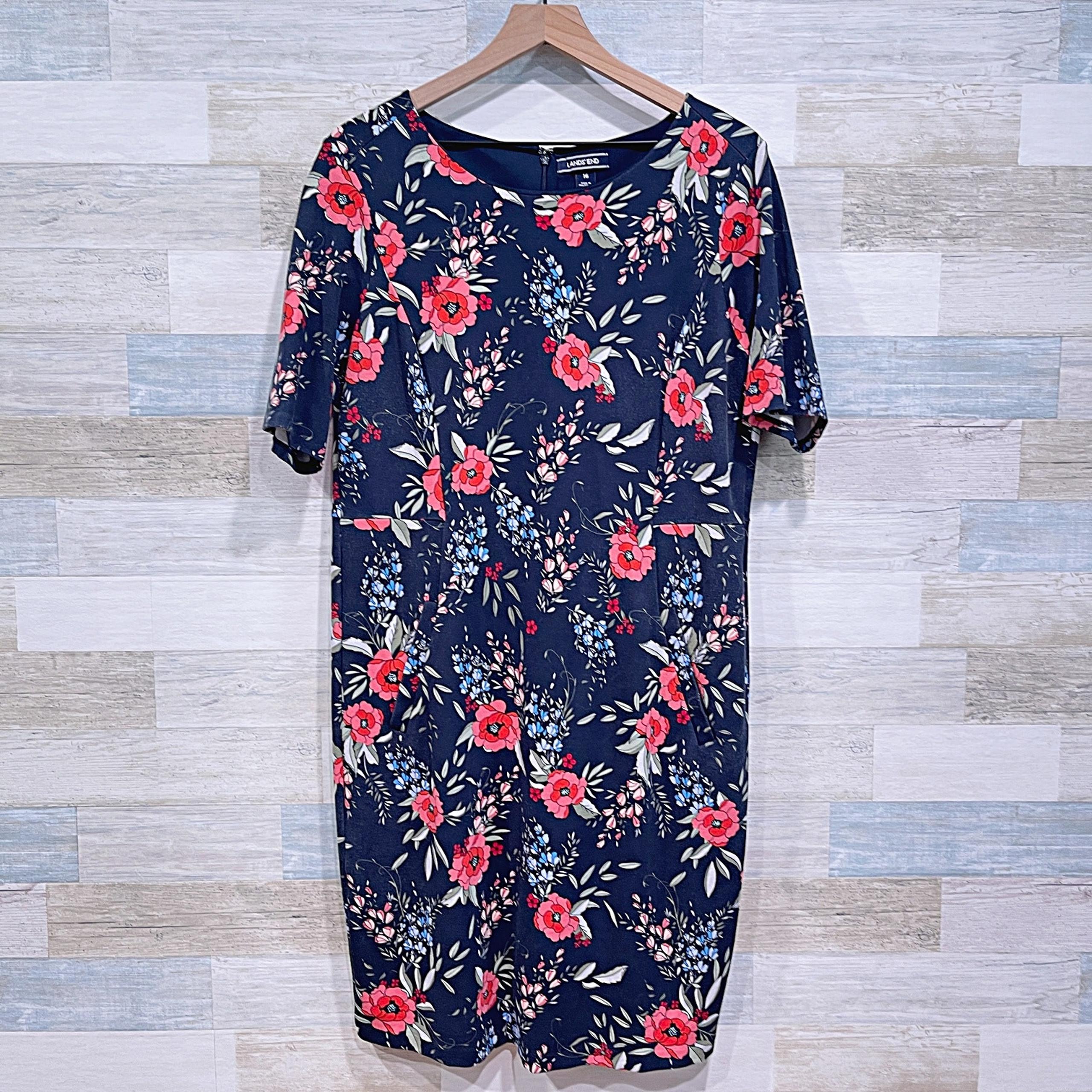 Lands End Ponte Knit Sheath Dress Navy Blue Floral Short Sleeve Pocket Womens 16