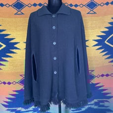Vintage 1960’s Sweetree Black Cape Shawl. Collar. Button Up. Fringe. USA. OS.
