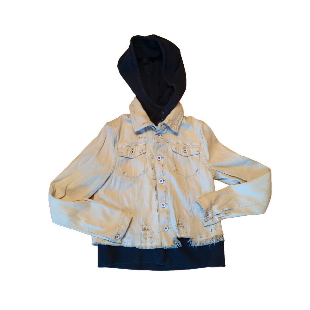 Free People Hoodie Jacket Women XS White Double Weave Distressed Denim