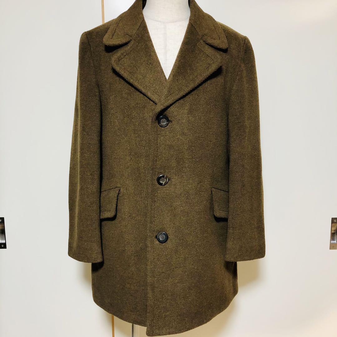 60s RALLYE Herringbone Wool Coat Camel Made in England Brown