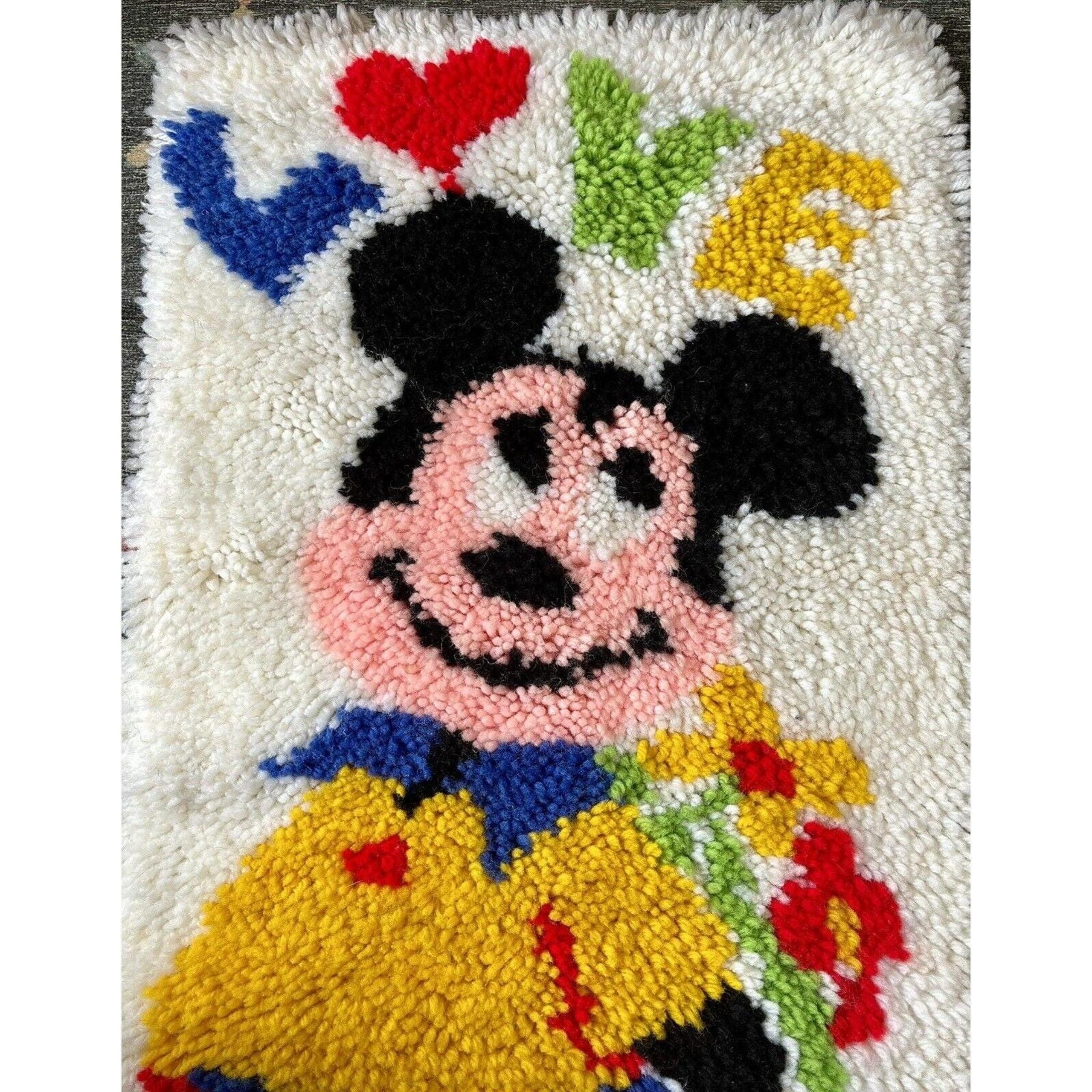 Vintage Disney Mickey Mouse LOVE Shag Yarn Latch Hook Wall Hanging or Rug 33x16"