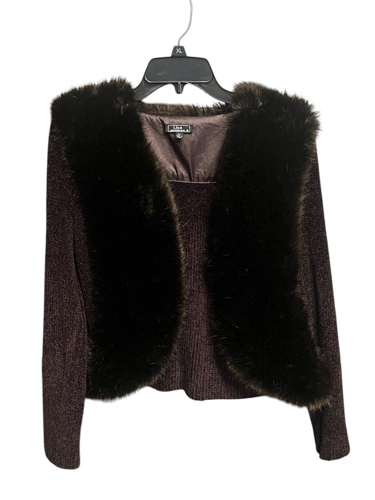 brown sweater featuring a luxurious faux fur vest trim.