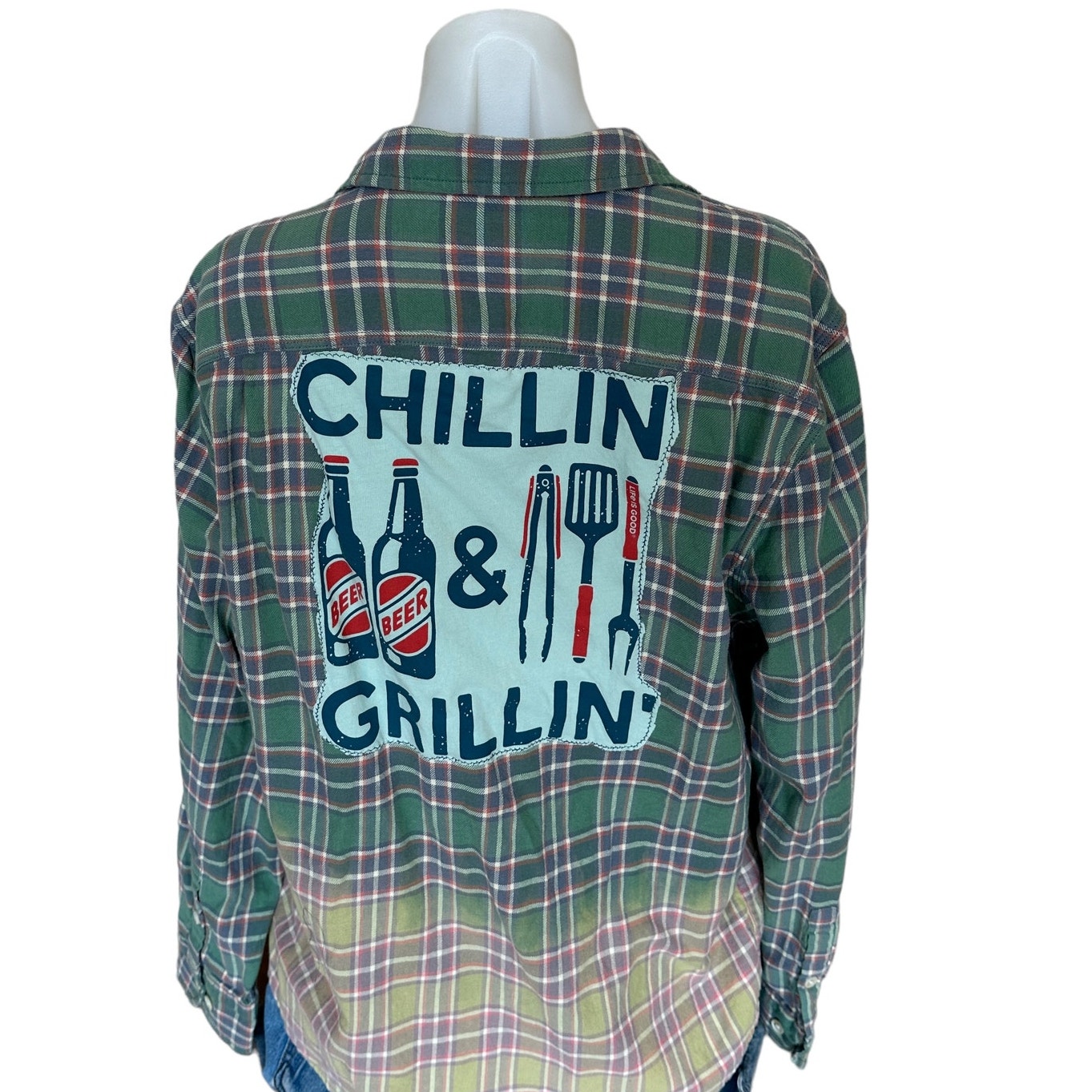 Barbeque Plaid Flannel Shirt Shacket LARGE Oversize Upcycle Unique Grillin