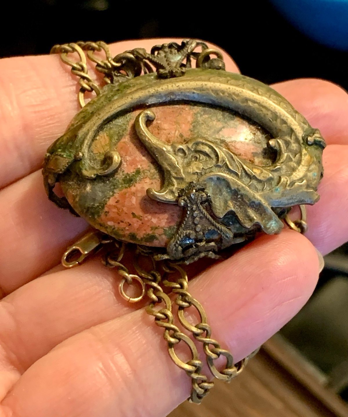 Bad *ss Antique Dolphin Serpent Bloodstone Pendant Necklace Brass Victorian