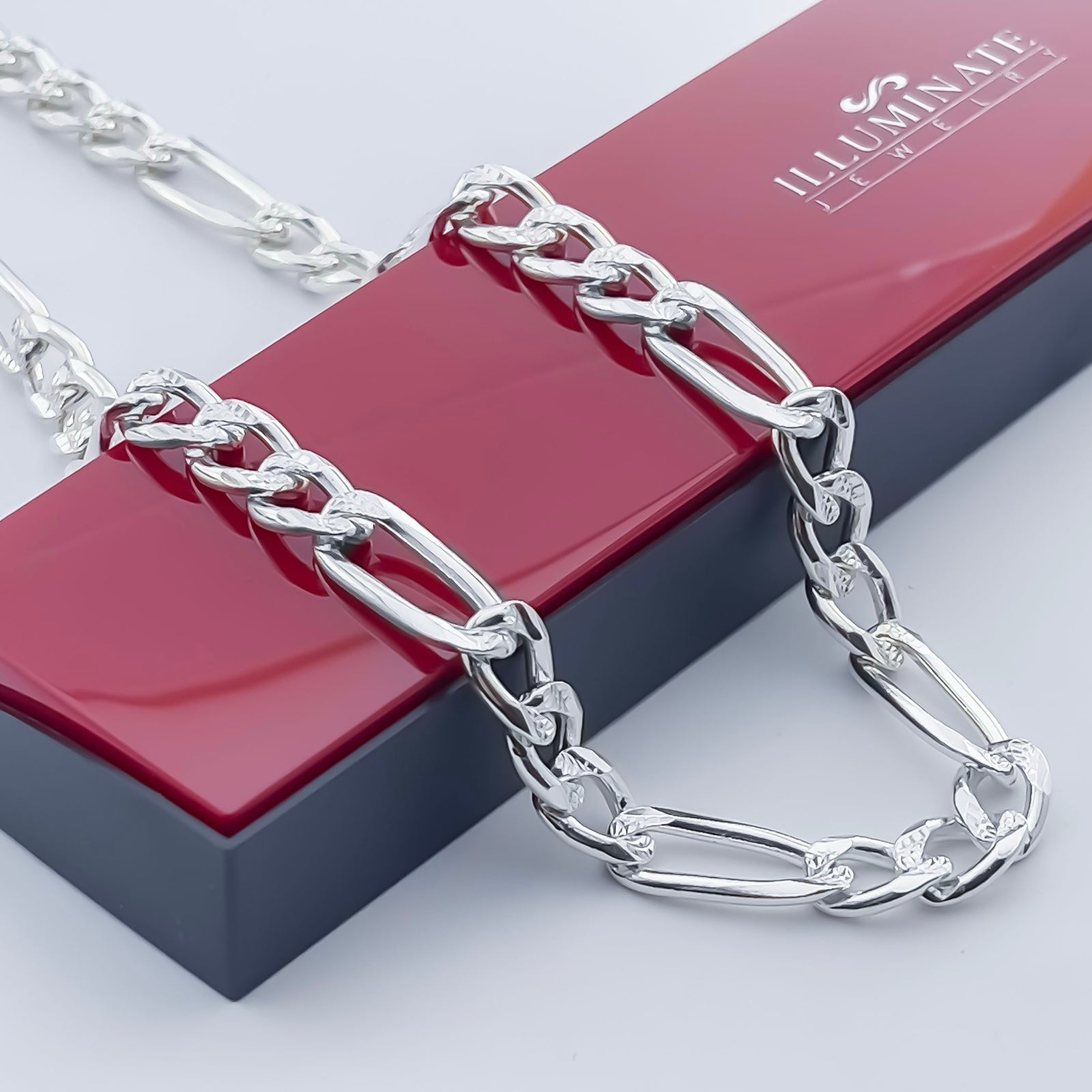 Men’s Necklace Solid Silver .925 Figaro Diamond Design Chain Smooth 9mm