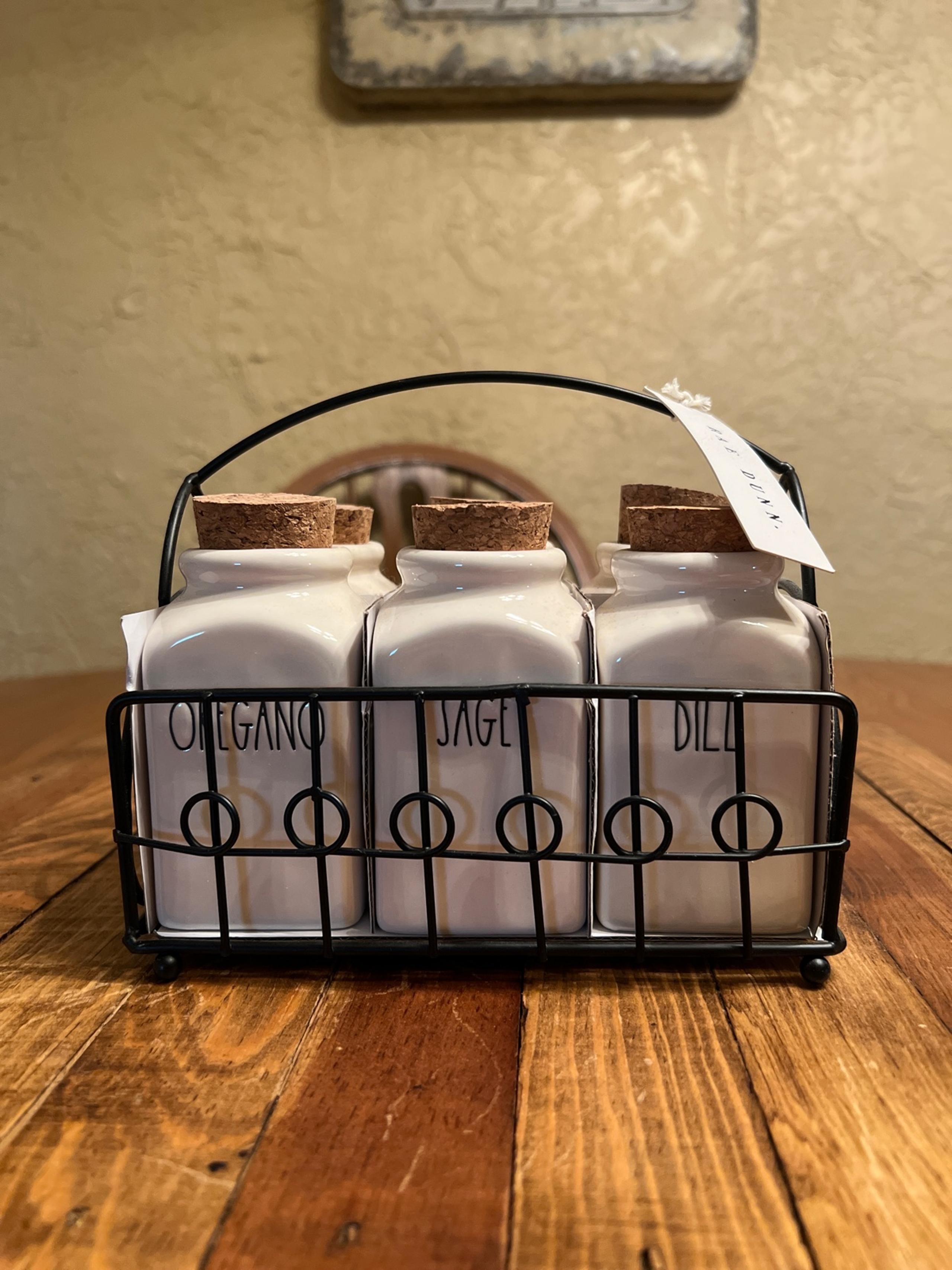 Rae Dunn  White Ceramic Spice Herb Jars Set Of 6 with Metal Rack