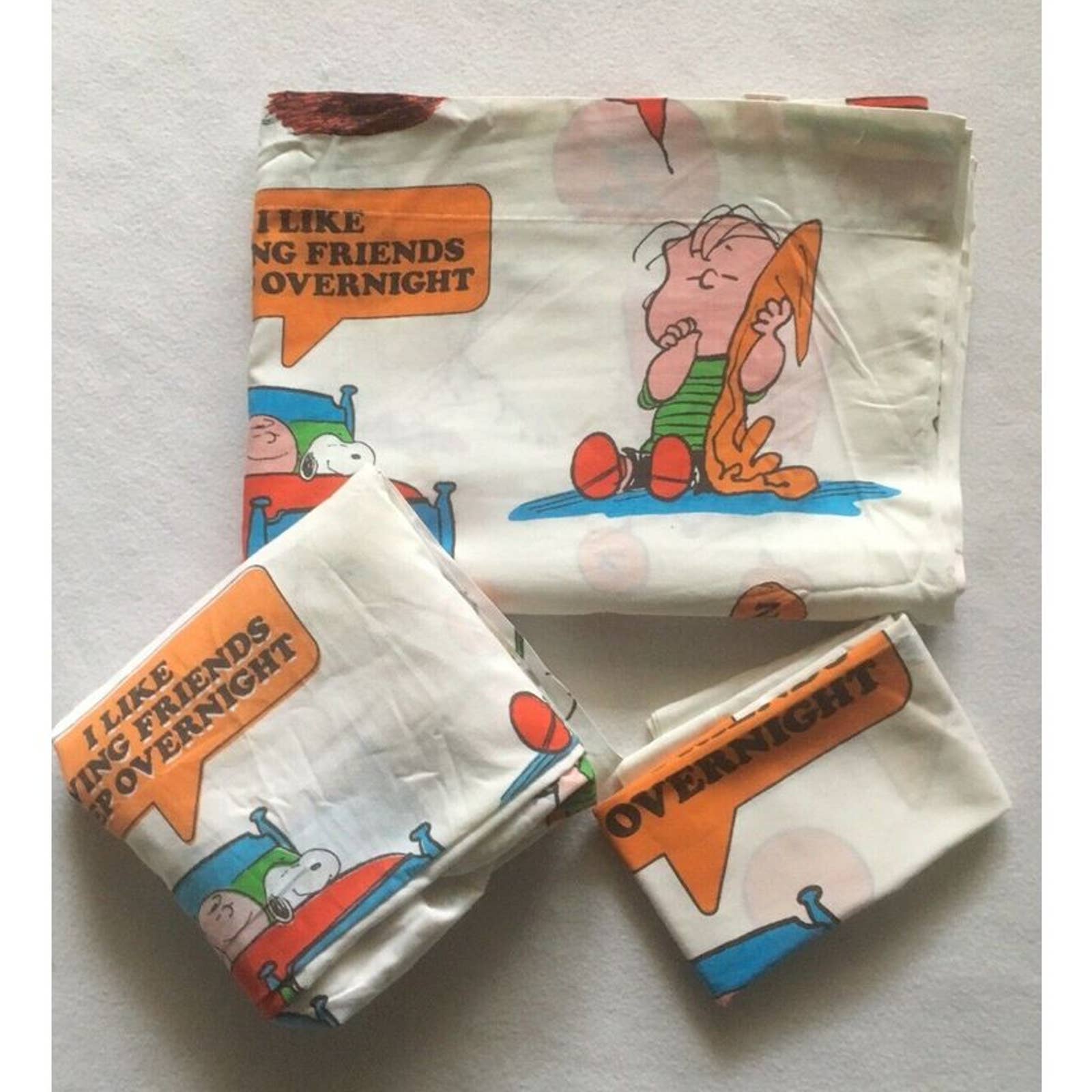 Vtg Charlie Brown Peanuts Gang Twin Fitted Flat Pillowcase Bed Sheet Set Bedding