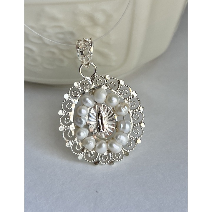Virgin Of Guadalupe Pendant 925 Sterling Silver Freshwater Pearls Handmade