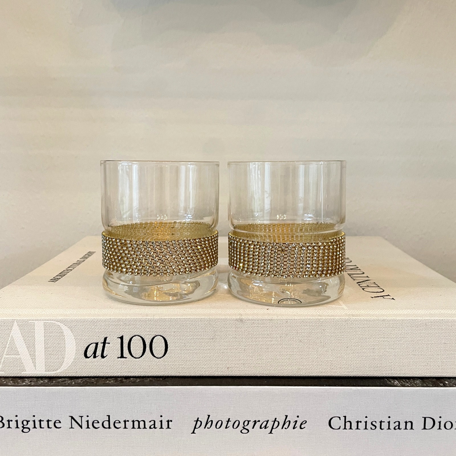 Old Fashioned Whiskey Glass w/ Gold Rhinestone Band Stemless Wine Set of 2 NEW