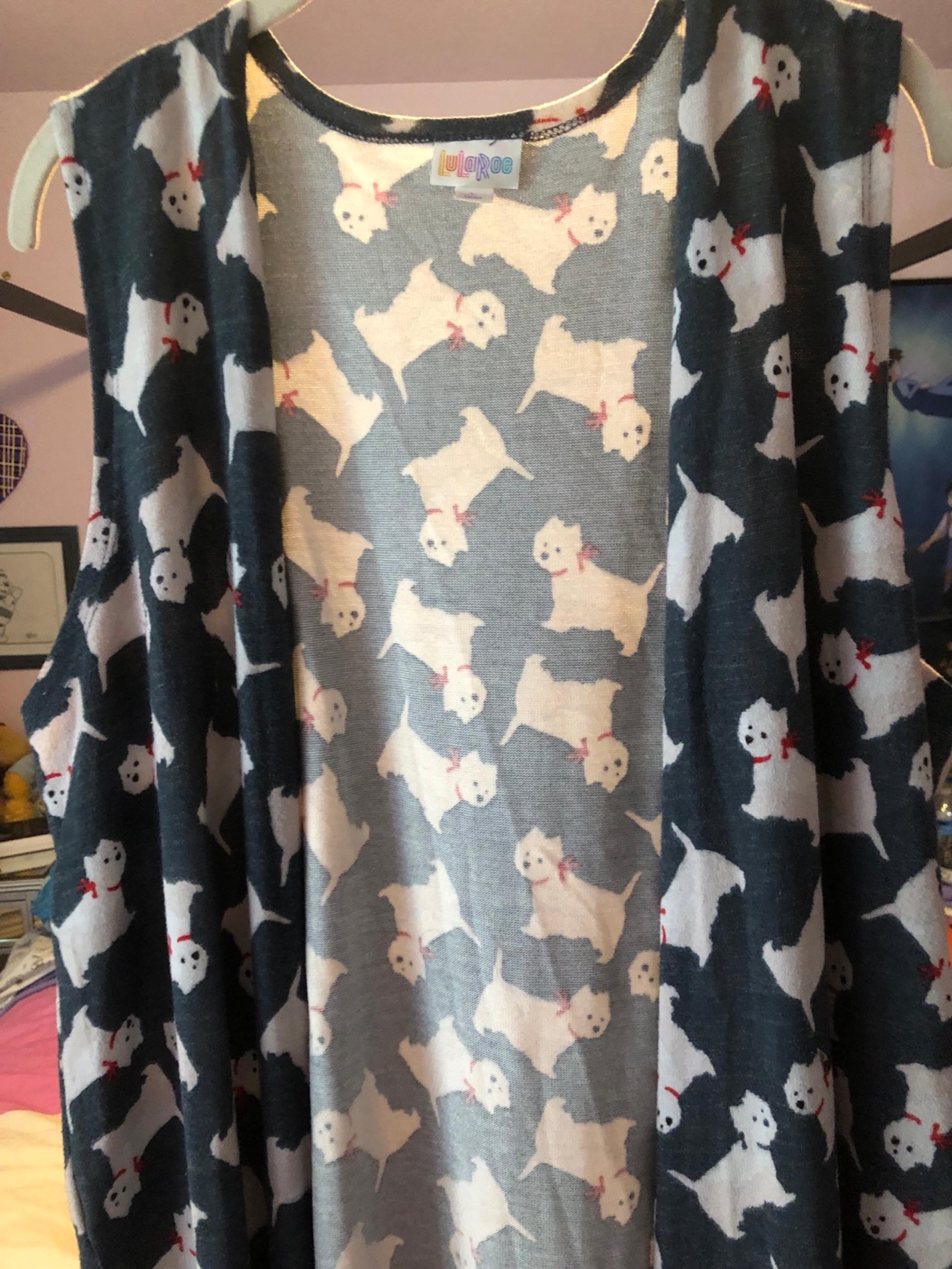 LuLaRoe Joy duster vest gray white dogs puppies Size L